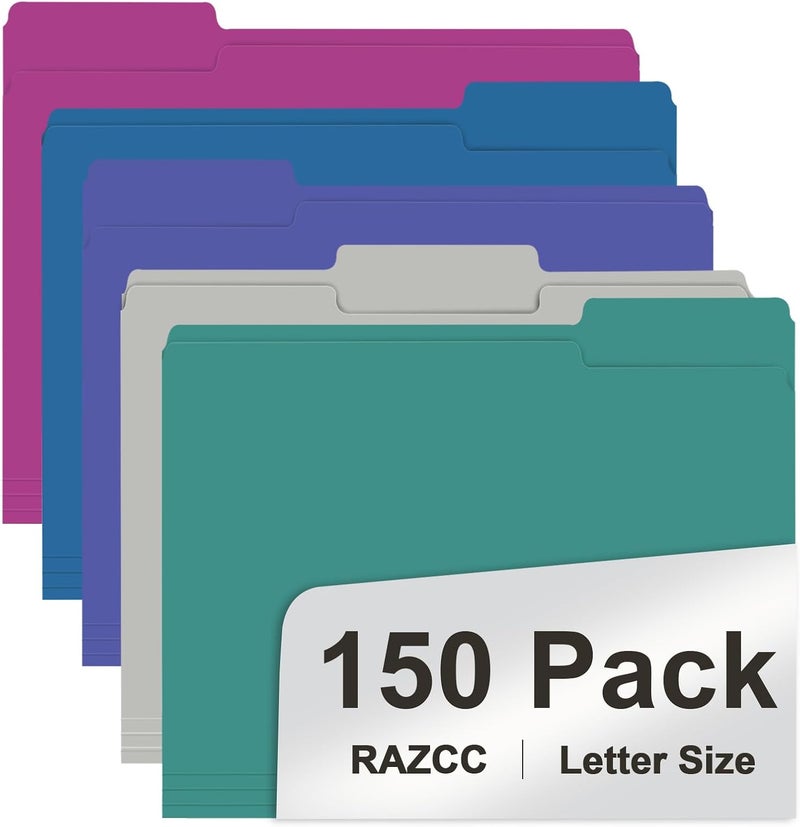 RAZCC File Folder, 150 Pack 1/3 Cut Tab File Folders Letter Size, Colored File Folders for Office Classroom Use, Colored Folders with Tabs, Assorted 5 Colors - Image 1